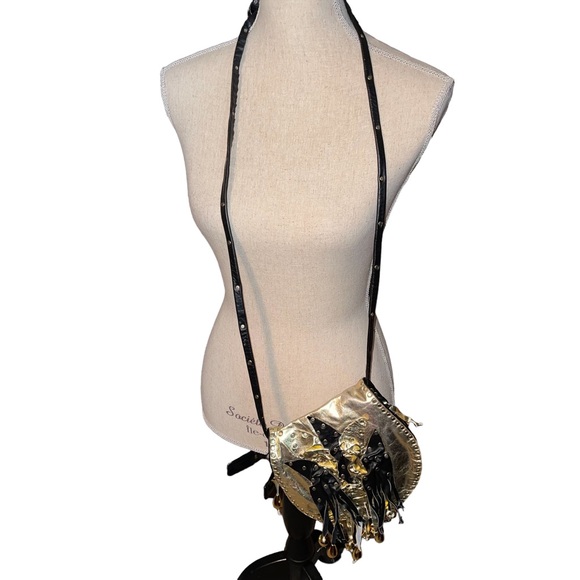 R Tash Of Miami Leather Crossbody Bag Metallic Gold And Black Tassels Metal Stud - Picture 9 of 9